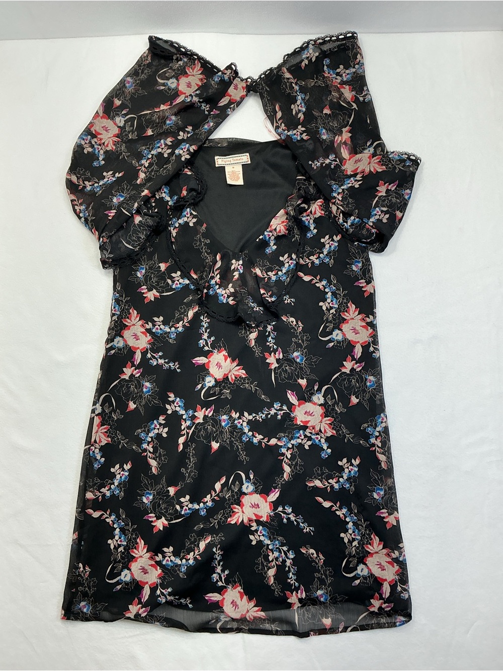 Flying Tomato Black Floral Ruffle Cold Shoulder Dress Women’s M